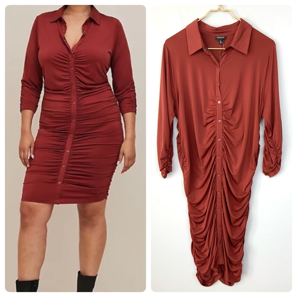 NWT Torrid Sz 2 2X Rust Brown Shirred Ruched Studio Knit Knee Length Shirt Dress